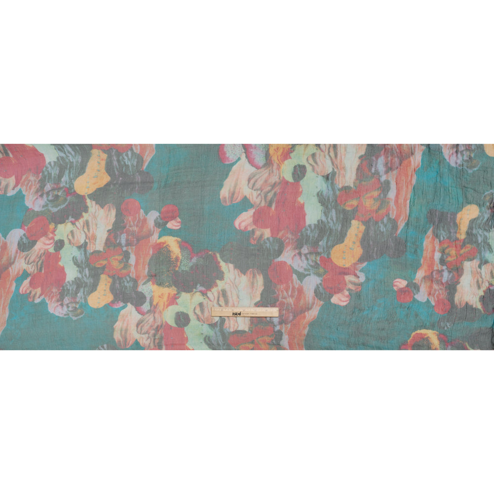 Crinkled Silk Chiffon Print - Dark Teal, Green and Red Abstract Florals - Deadstock Crinkled Silk Chiffon Print - Dark Teal, Green and Red Abstract Florals - Deadstock