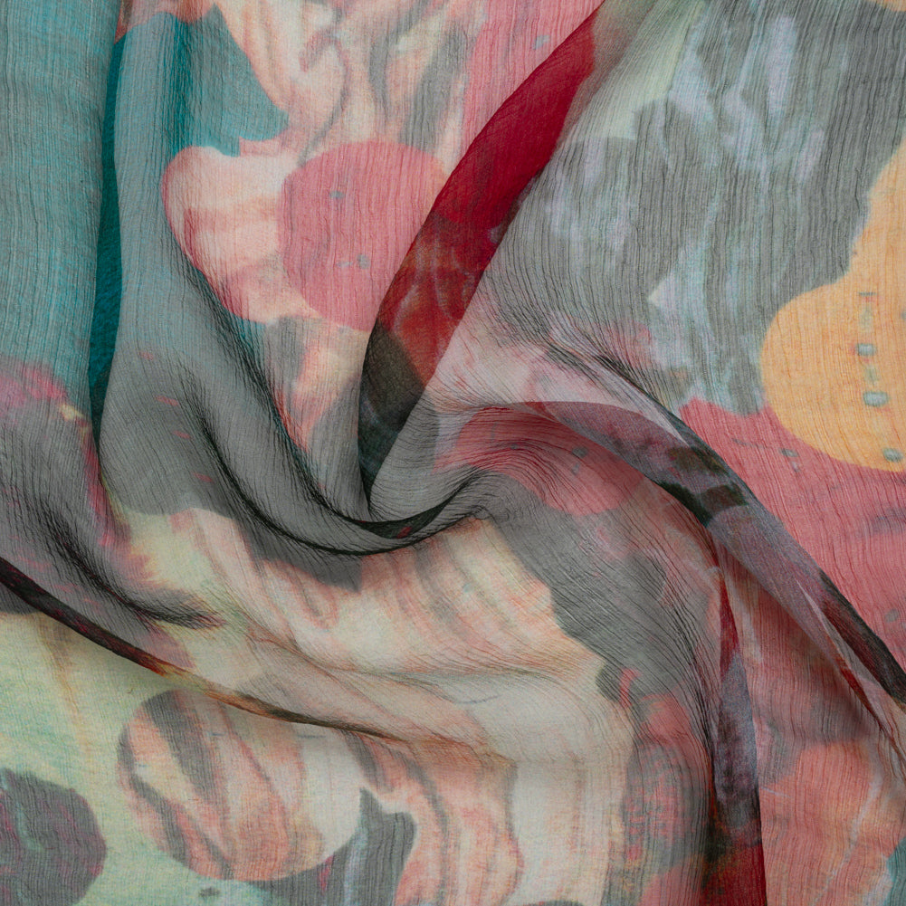 Crinkled Silk Chiffon Print - Dark Teal, Green and Red Abstract Florals - Deadstock Crinkled Silk Chiffon Print - Dark Teal, Green and Red Abstract Florals - Deadstock