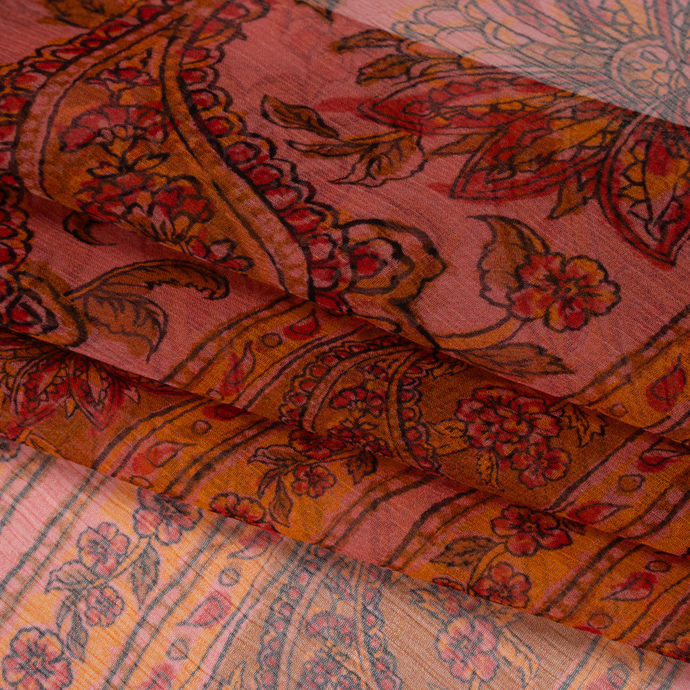 Crinkled Silk Chiffon Print - Pink, Dark Orange and Red Paisley and Floral Stripe - Deadstock Crinkled Silk Chiffon Print - Pink, Dark Orange and Red Paisley and Floral Stripe - Deadstock