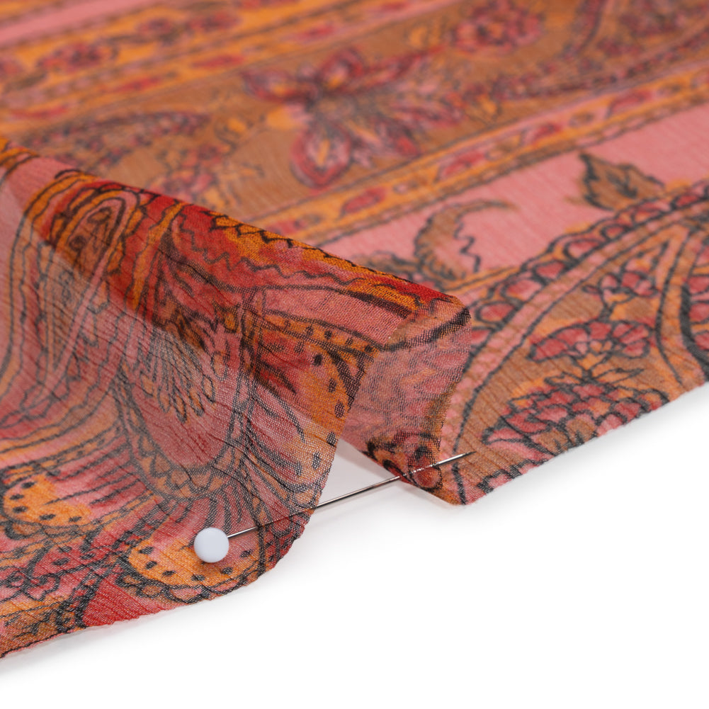 Crinkled Silk Chiffon Print - Pink, Dark Orange and Red Paisley and Floral Stripe - Deadstock Crinkled Silk Chiffon Print - Pink, Dark Orange and Red Paisley and Floral Stripe - Deadstock