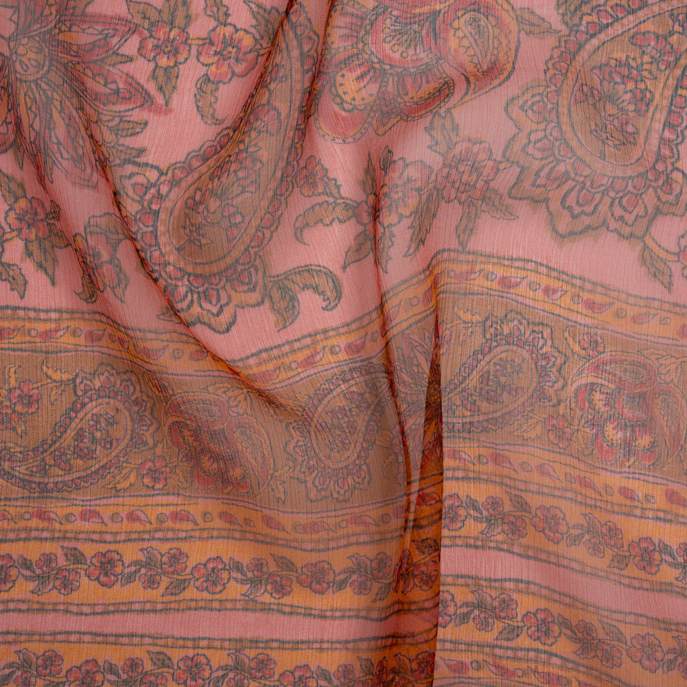 Crinkled Silk Chiffon Print - Pink, Dark Orange and Red Paisley and Floral Stripe - Deadstock Crinkled Silk Chiffon Print - Pink, Dark Orange and Red Paisley and Floral Stripe - Deadstock