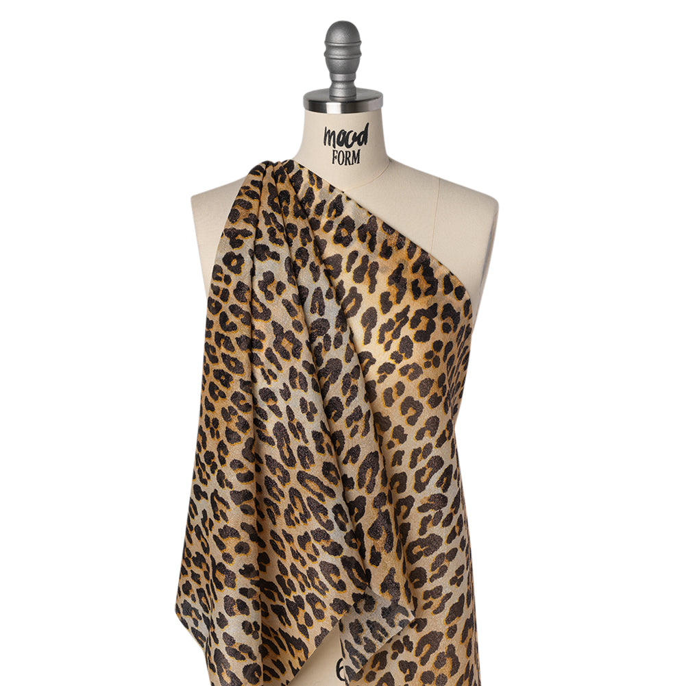 Metallic Silk Lame Print - Beige and Dark Brown Leopard Spots - Deadstock Metallic Silk Lame Print - Beige and Dark Brown Leopard Spots - Deadstock