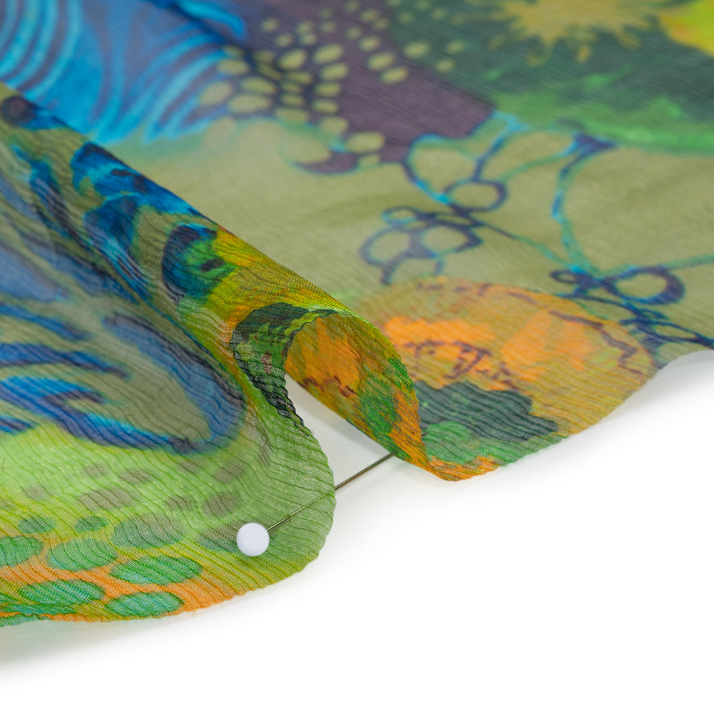 Crinkled Silk Chiffon Print - Green, Yellow and Blue Abstract Florals - Deadstock Crinkled Silk Chiffon Print - Green, Yellow and Blue Abstract Florals - Deadstock