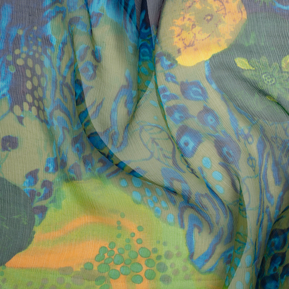 Crinkled Silk Chiffon Print - Green, Yellow and Blue Abstract Florals - Deadstock Crinkled Silk Chiffon Print - Green, Yellow and Blue Abstract Florals - Deadstock