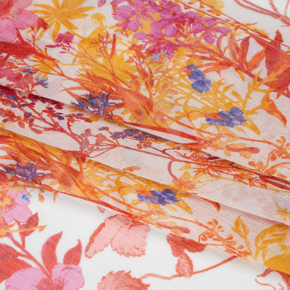 Crinkled Silk Chiffon Print - Red, Yellow and Orchid Pink Wildflowers - Deadstock Crinkled Silk Chiffon Print - Red, Yellow and Orchid Pink Wildflowers - Deadstock