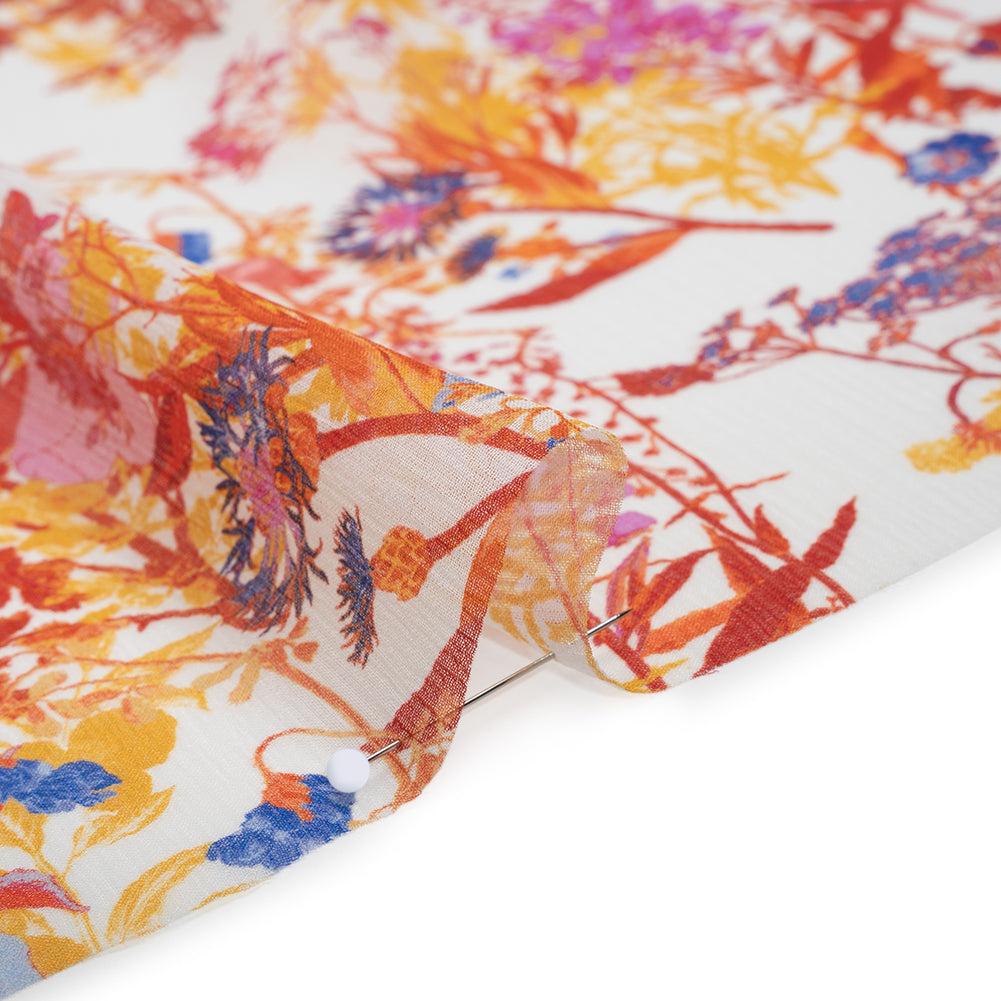 Crinkled Silk Chiffon Print - Red, Yellow and Orchid Pink Wildflowers - Deadstock Crinkled Silk Chiffon Print - Red, Yellow and Orchid Pink Wildflowers - Deadstock