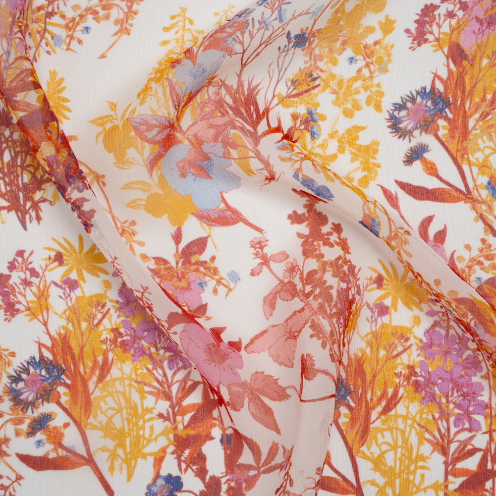 Crinkled Silk Chiffon Print - Red, Yellow and Orchid Pink Wildflowers - Deadstock Crinkled Silk Chiffon Print - Red, Yellow and Orchid Pink Wildflowers - Deadstock