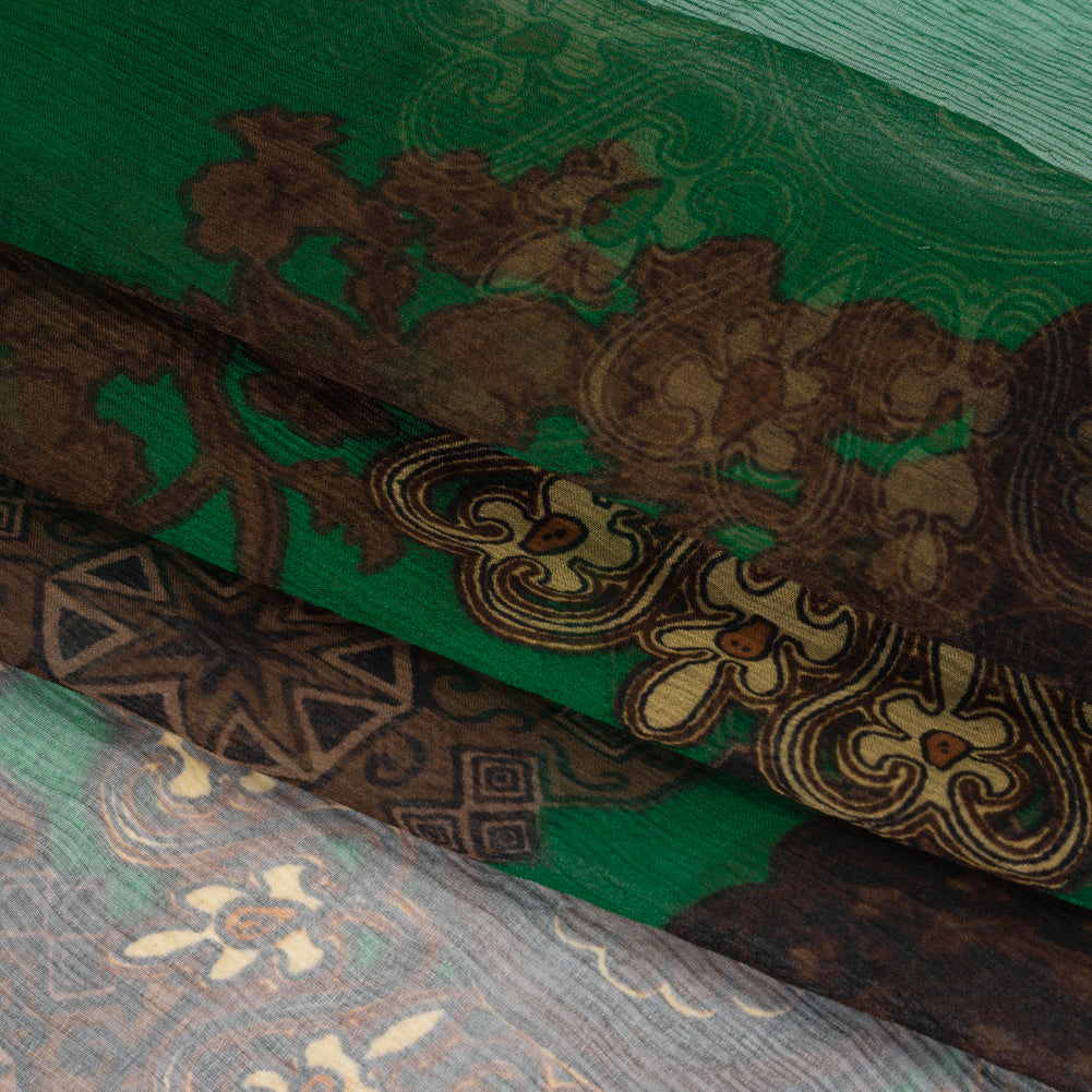 Crinkled Silk Chiffon Print - Green, Brown and Beige Medallions - Deadstock Crinkled Silk Chiffon Print - Green, Brown and Beige Medallions - Deadstock