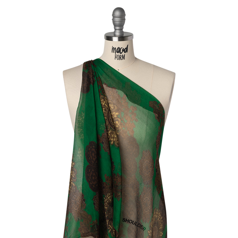 Crinkled Silk Chiffon Print - Green, Brown and Beige Medallions - Deadstock Crinkled Silk Chiffon Print - Green, Brown and Beige Medallions - Deadstock