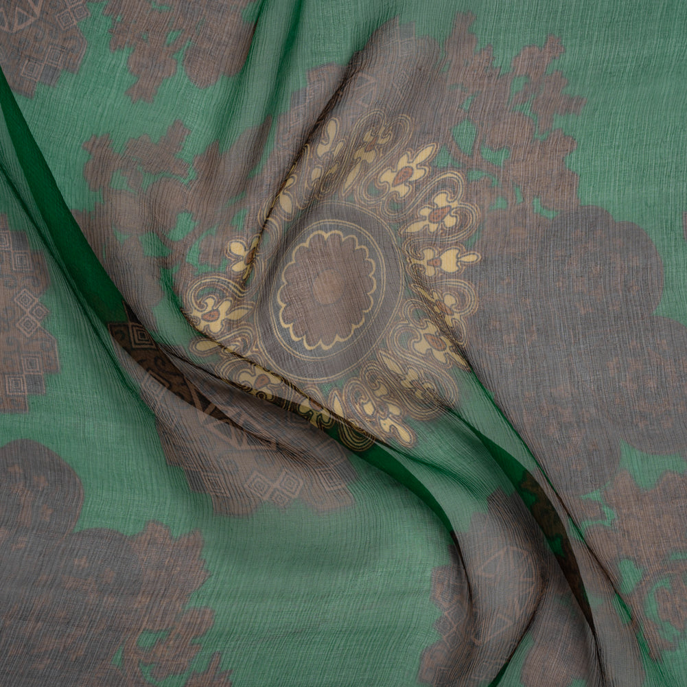 Crinkled Silk Chiffon Print - Green, Brown and Beige Medallions - Deadstock Crinkled Silk Chiffon Print - Green, Brown and Beige Medallions - Deadstock