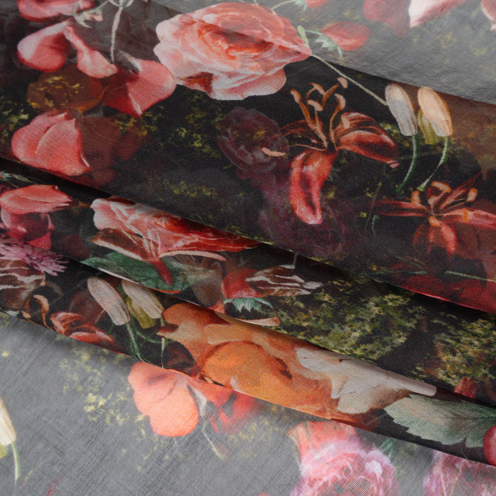 Silk Voile Print - Black, Red and Yellow Bouquets - Deadstock Silk Voile Print - Black, Red and Yellow Bouquets - Deadstock