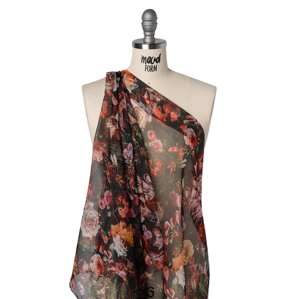 Silk Voile Print - Black, Red and Yellow Bouquets - Deadstock Silk Voile Print - Black, Red and Yellow Bouquets - Deadstock