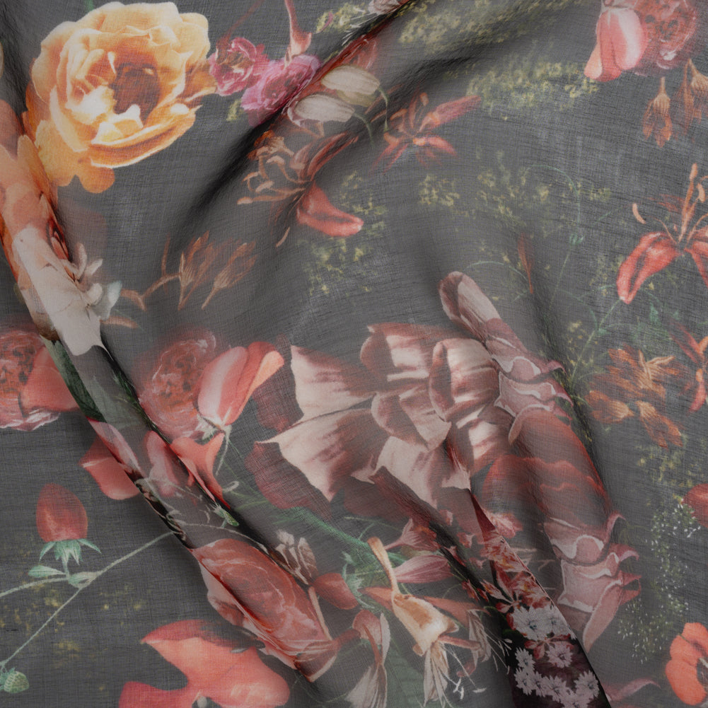 Silk Voile Print - Black, Red and Yellow Bouquets - Deadstock Silk Voile Print - Black, Red and Yellow Bouquets - Deadstock