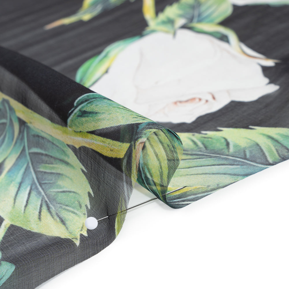 Silk Voile Print - Black, White and Green Roses - Deadstock Silk Voile Print - Black, White and Green Roses - Deadstock