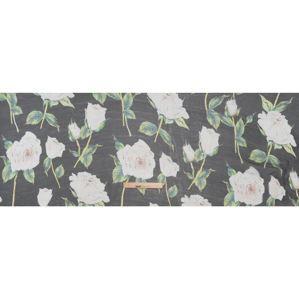 Silk Voile Print - Black, White and Green Roses - Deadstock Silk Voile Print - Black, White and Green Roses - Deadstock