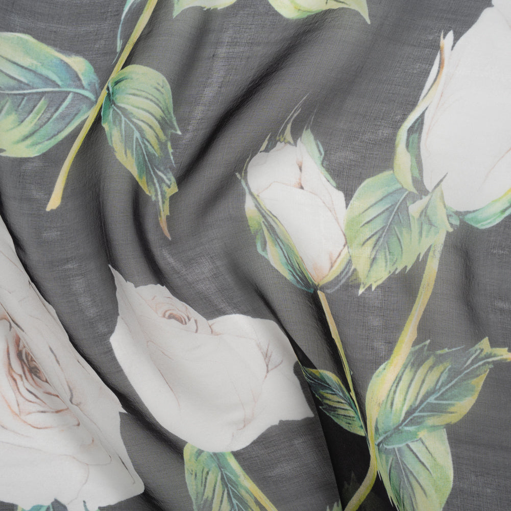 Silk Voile Print - Black, White and Green Roses - Deadstock Silk Voile Print - Black, White and Green Roses - Deadstock