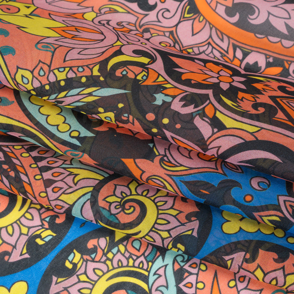 China Silk/Habotai Print - Orange, Pink and Blue Paisley Circus - Deadstock China Silk/Habotai Print - Orange, Pink and Blue Paisley Circus - Deadstock