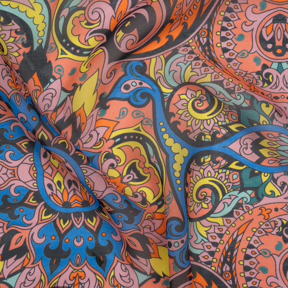 China Silk/Habotai Print - Orange, Pink and Blue Paisley Circus - Deadstock China Silk/Habotai Print - Orange, Pink and Blue Paisley Circus - Deadstock