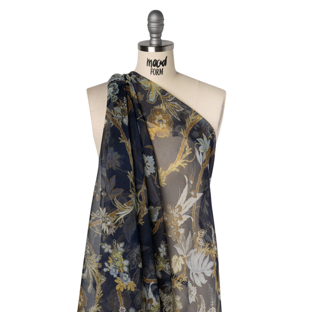 Crinkled Silk Chiffon Print - Navy, Brown and Muted Blue Jacobean Florals - Deadstock - Drape Crinkled Silk Chiffon Print - Navy, Brown and Muted Blue Jacobean Florals - Deadstock - Drape