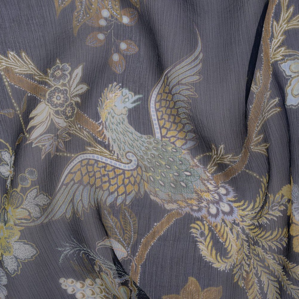 Crinkled Silk Chiffon Print - Navy, Brown and Muted Blue Jacobean Florals - Deadstock Crinkled Silk Chiffon Print - Navy, Brown and Muted Blue Jacobean Florals - Deadstock