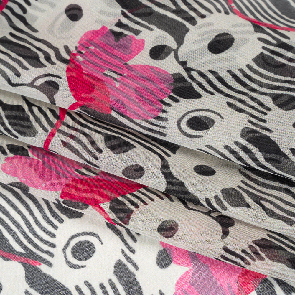 Silk Voile Print - Pink, White and Black Flowers and Stripes - Deadstock Silk Voile Print - Pink, White and Black Flowers and Stripes - Deadstock