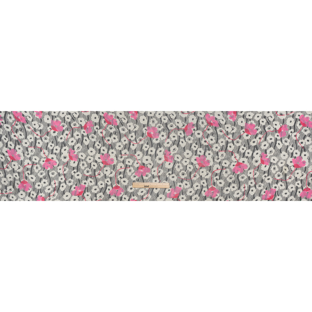 Silk Voile Print - Pink, White and Black Flowers and Stripes - Deadstock Silk Voile Print - Pink, White and Black Flowers and Stripes - Deadstock