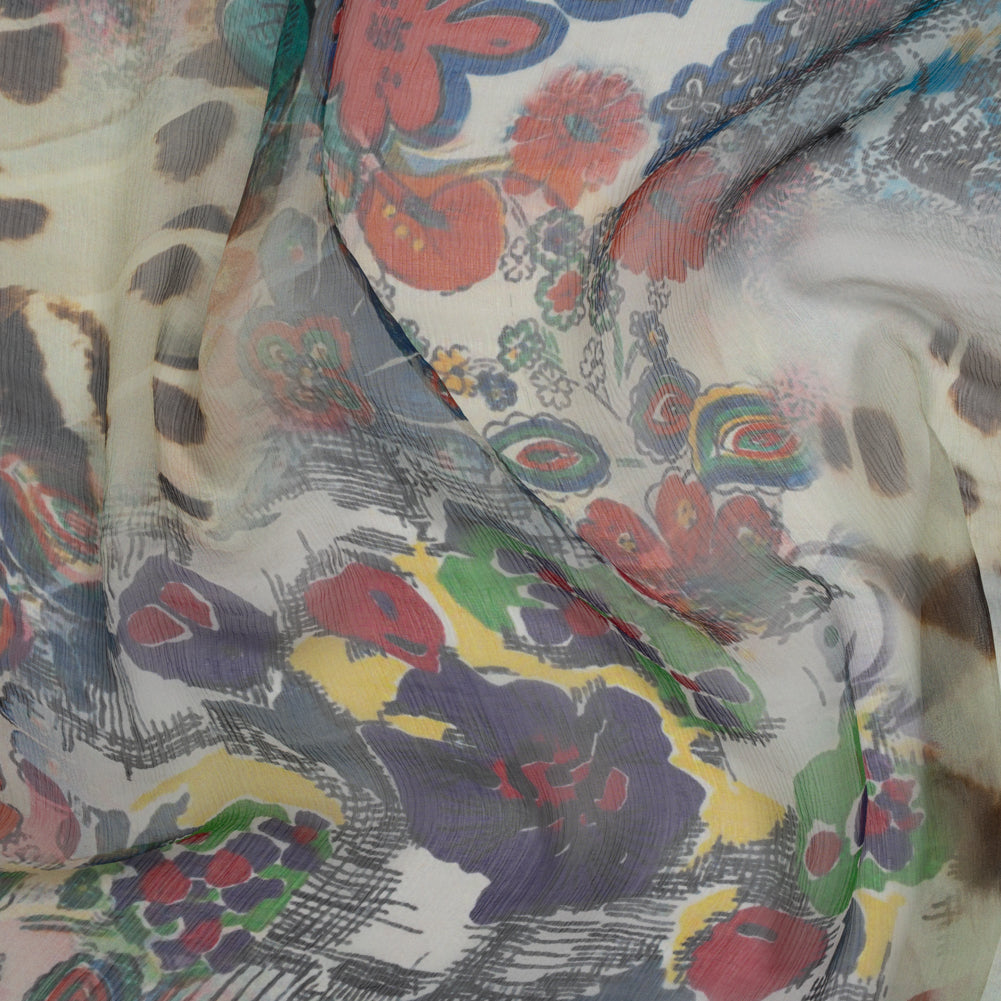 Crinkled Silk Chiffon Print - White, Pink and Yellow Floral - Deadstock Crinkled Silk Chiffon Print - White, Pink and Yellow Floral - Deadstock