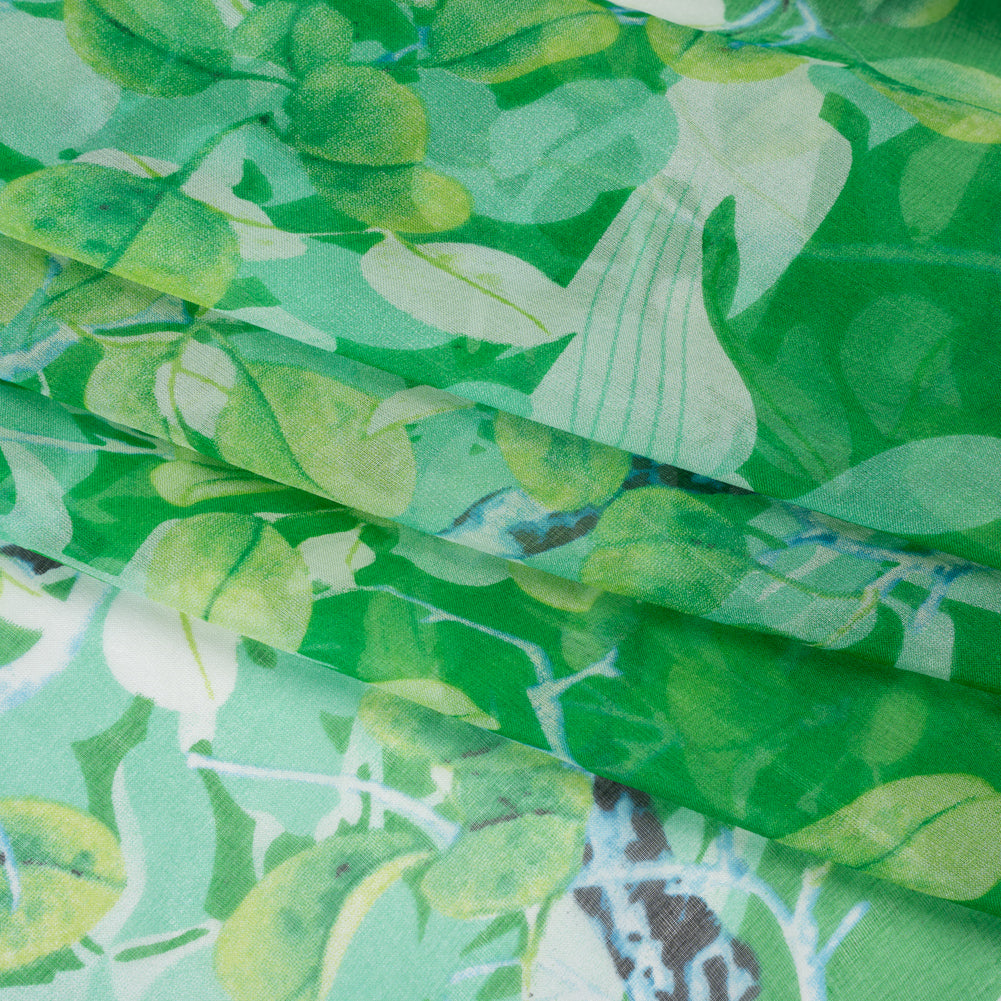 Silk Voile Print - Green and Blue Birds Among Leaves - Deadstock Silk Voile Print - Green and Blue Birds Among Leaves - Deadstock