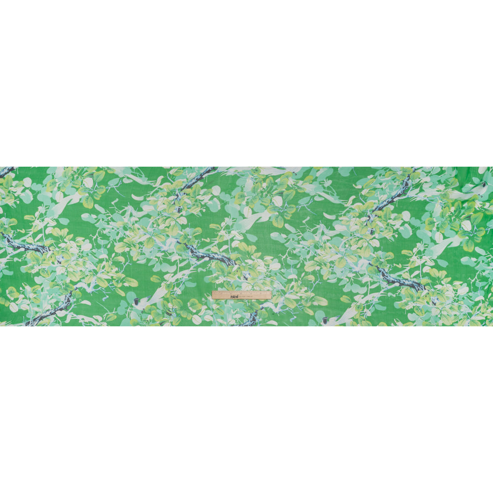 Silk Voile Print - Green and Blue Birds Among Leaves - Deadstock Silk Voile Print - Green and Blue Birds Among Leaves - Deadstock