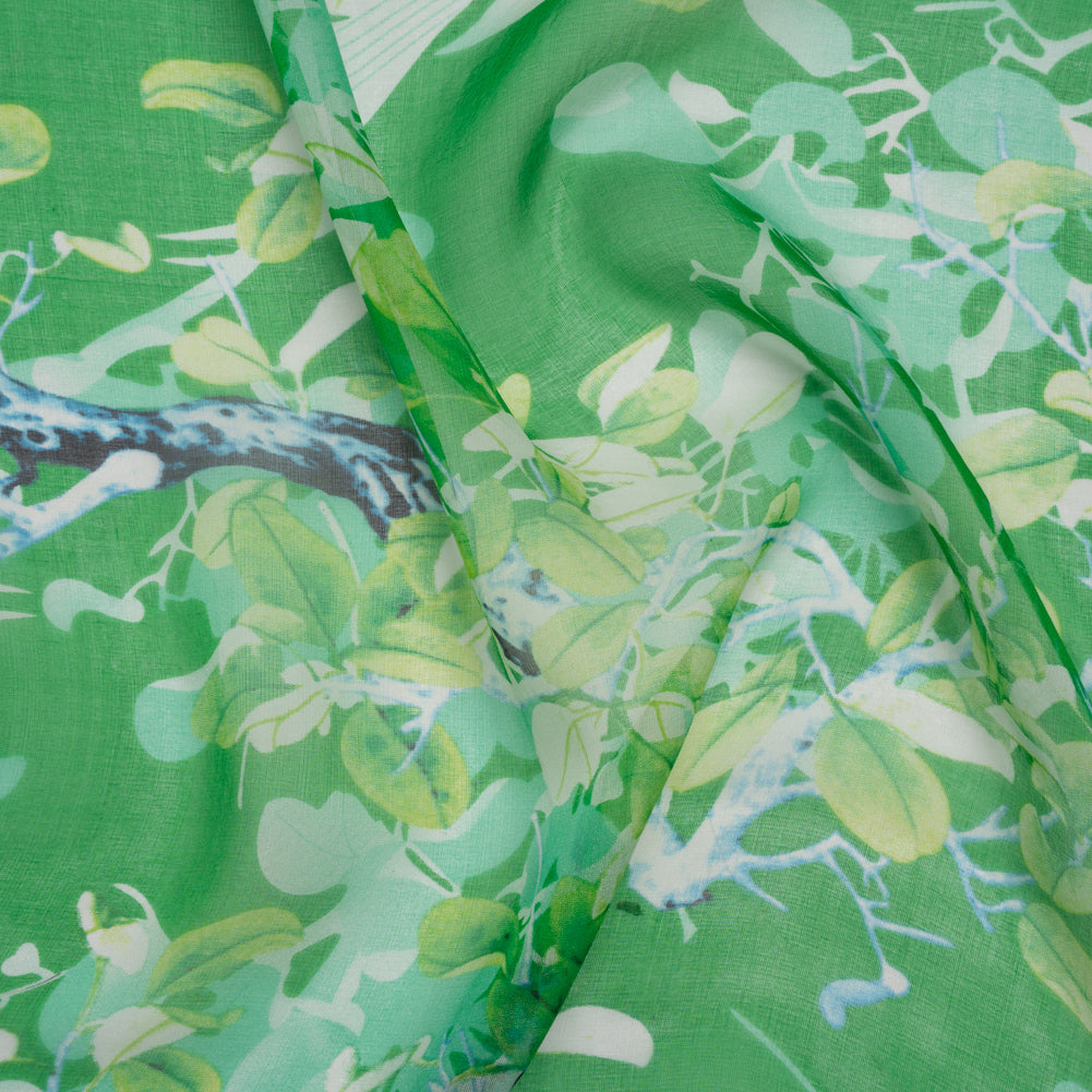Silk Voile Print - Green and Blue Birds Among Leaves - Deadstock Silk Voile Print - Green and Blue Birds Among Leaves - Deadstock