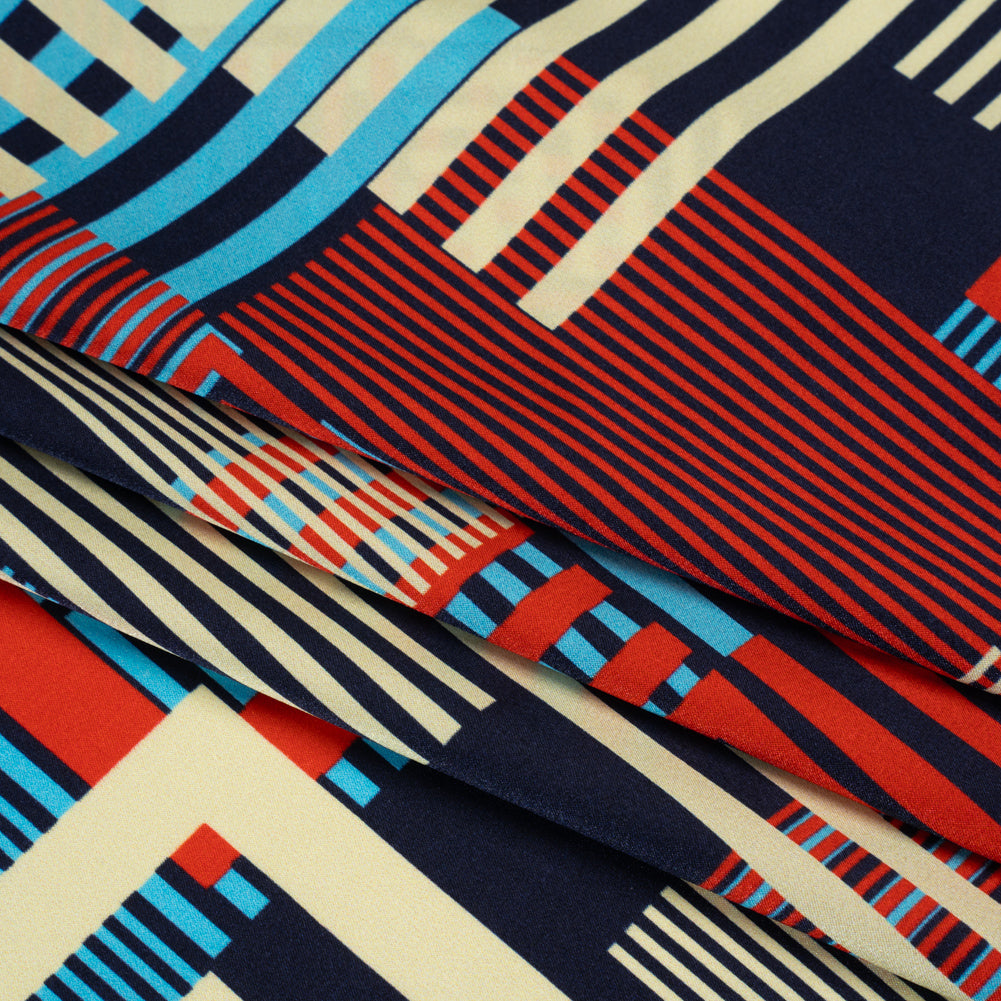 Stretch Silk Charmeuse Print - Red, Blue and Pale Yellow Striped Geometrics - Deadstock Stretch Silk Charmeuse Print - Red, Blue and Pale Yellow Striped Geometrics - Deadstock