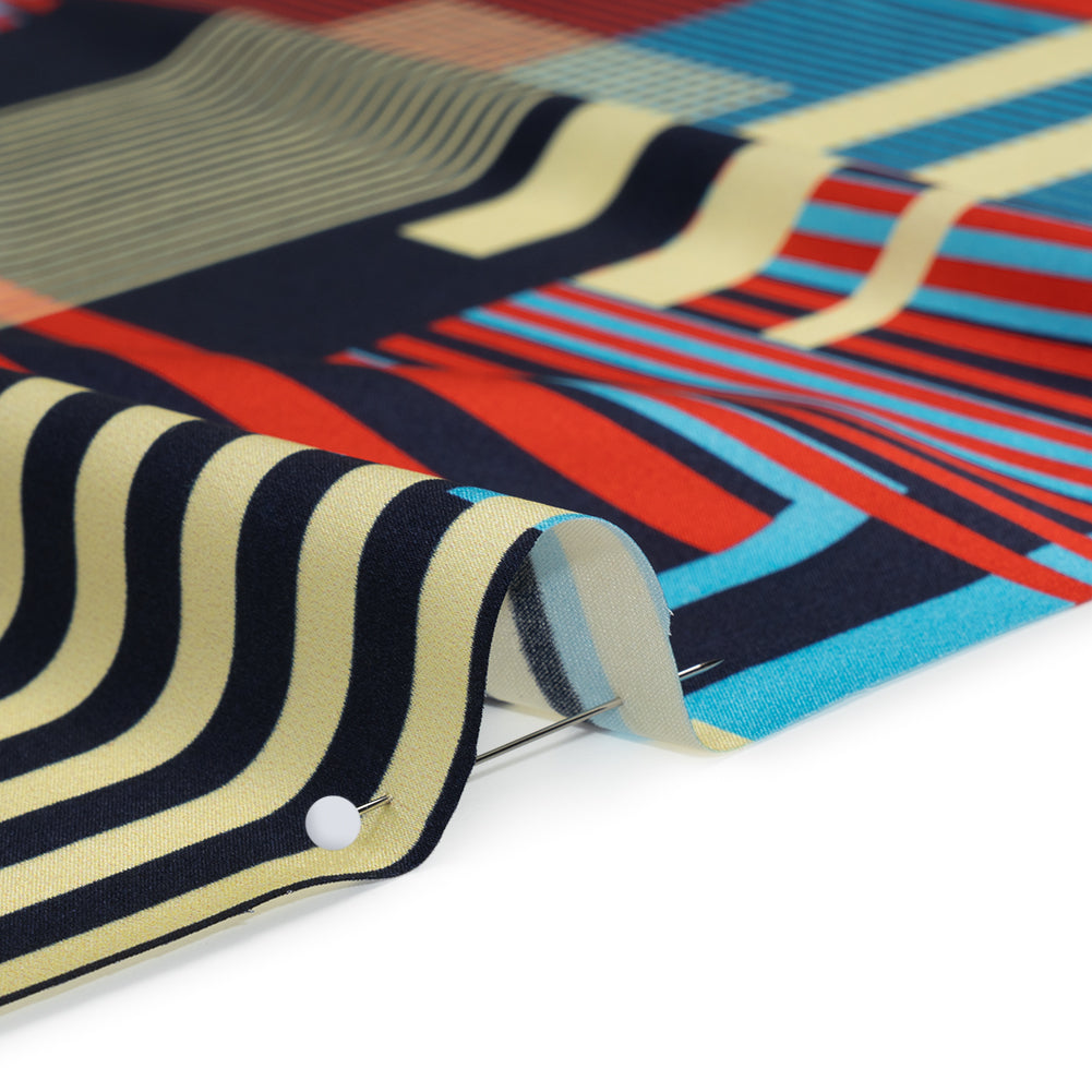 Stretch Silk Charmeuse Print - Red, Blue and Pale Yellow Striped Geometrics - Deadstock Stretch Silk Charmeuse Print - Red, Blue and Pale Yellow Striped Geometrics - Deadstock