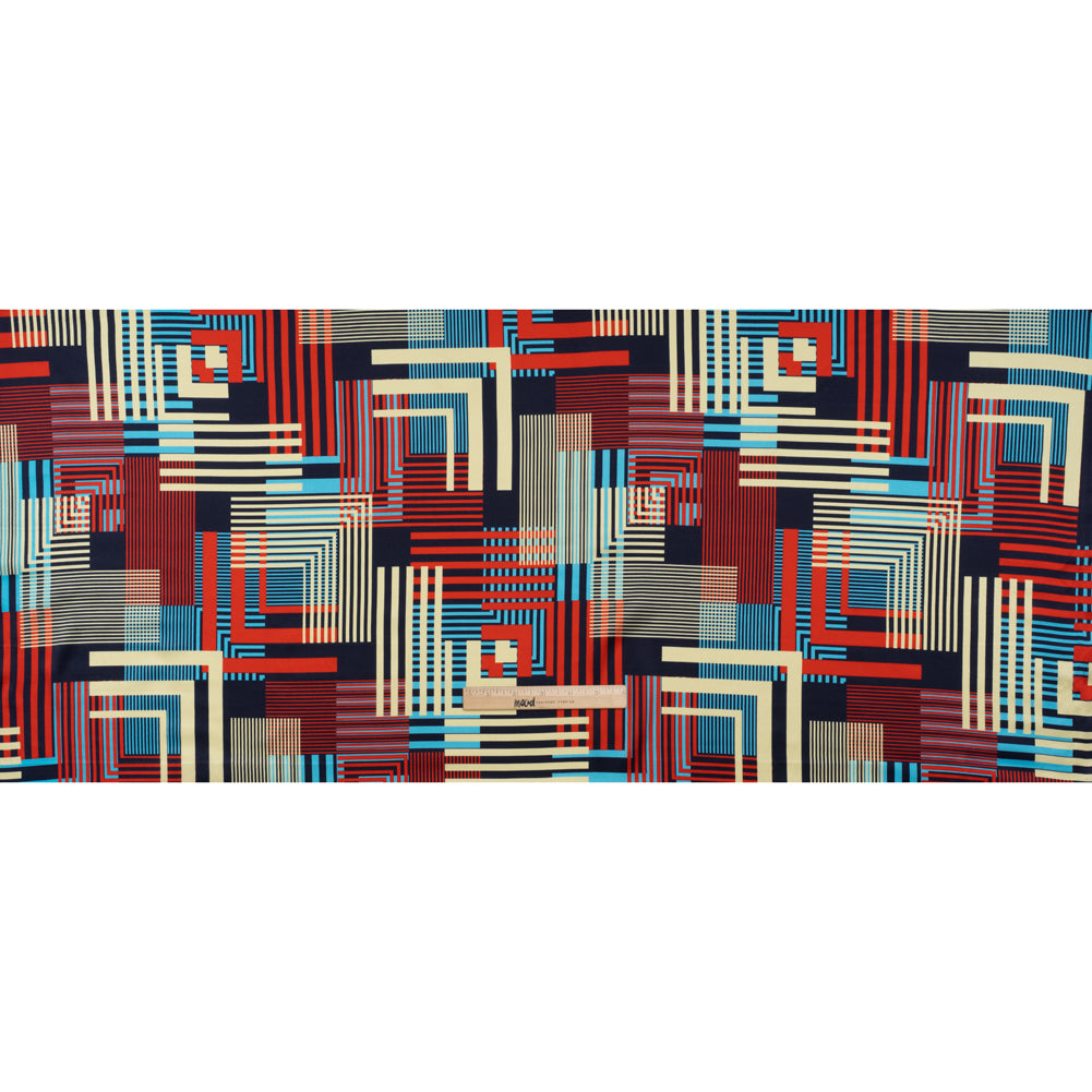 Stretch Silk Charmeuse Print - Red, Blue and Pale Yellow Striped Geometrics - Deadstock Stretch Silk Charmeuse Print - Red, Blue and Pale Yellow Striped Geometrics - Deadstock