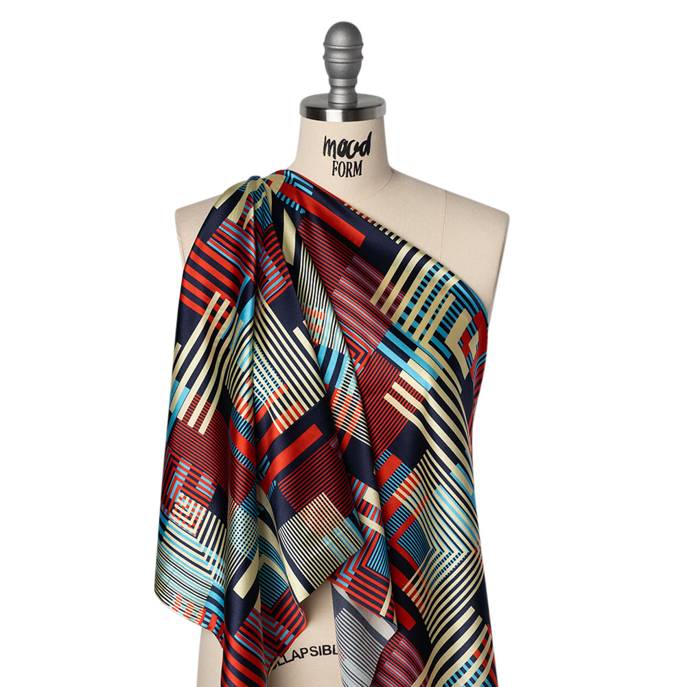 Stretch Silk Charmeuse Print - Red, Blue and Pale Yellow Striped Geometrics - Deadstock Stretch Silk Charmeuse Print - Red, Blue and Pale Yellow Striped Geometrics - Deadstock