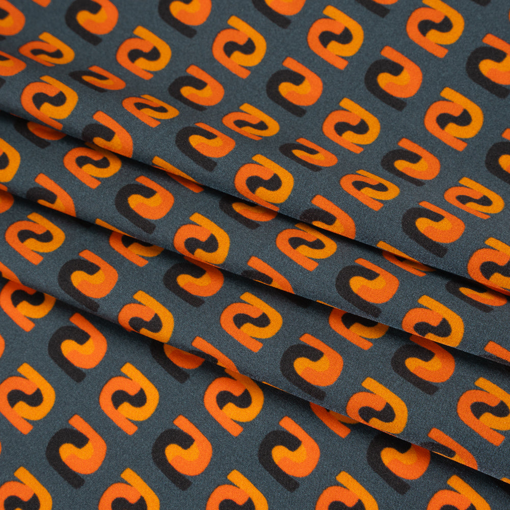 Stretch Silk Charmeuse Print - Steel, Black and Orange Geometric - Deadstock Stretch Silk Charmeuse Print - Steel, Black and Orange Geometric - Deadstock