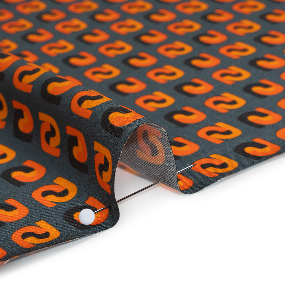 Stretch Silk Charmeuse Print - Steel, Black and Orange Geometric - Deadstock Stretch Silk Charmeuse Print - Steel, Black and Orange Geometric - Deadstock