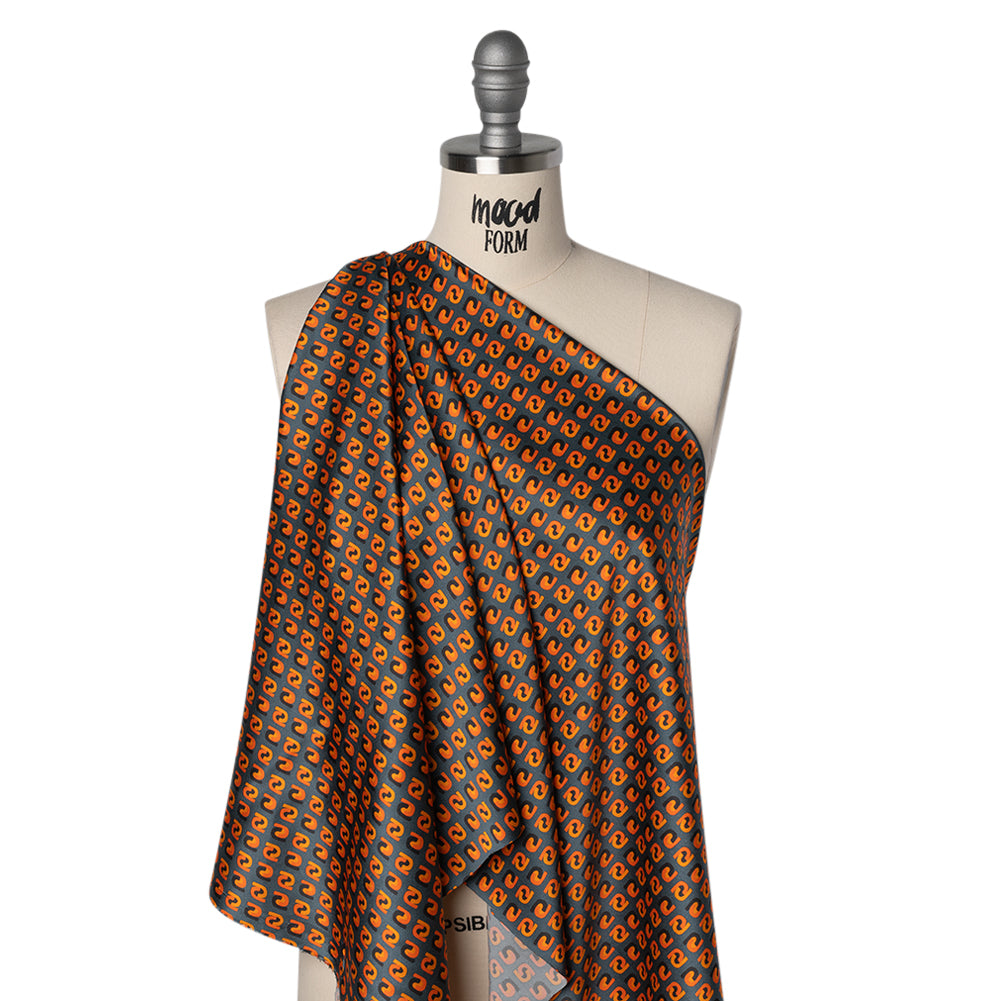 Stretch Silk Charmeuse Print - Steel, Black and Orange Geometric - Deadstock Stretch Silk Charmeuse Print - Steel, Black and Orange Geometric - Deadstock