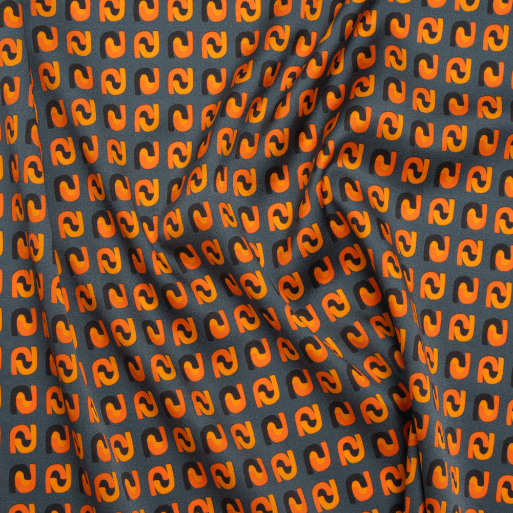 Stretch Silk Charmeuse Print - Steel, Black and Orange Geometric - Deadstock Stretch Silk Charmeuse Print - Steel, Black and Orange Geometric - Deadstock