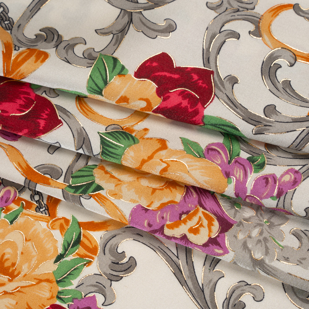 Stretch Silk Charmeuse Print - Yellow, Red and Gray Ornate Florals and Ribbons with Metallic Gold Foil Accents - Deadstock - Folded Stretch Silk Charmeuse Print - Yellow, Red and Gray Ornate Florals and Ribbons with Metallic Gold Foil Accents - Deadstock - Folded