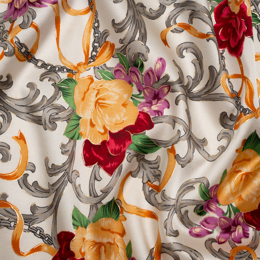 Stretch Silk Charmeuse Print - Yellow, Red and Gray Ornate Florals and Ribbons with Metallic Gold Foil Accents - Deadstock Stretch Silk Charmeuse Print - Yellow, Red and Gray Ornate Florals and Ribbons with Metallic Gold Foil Accents - Deadstock