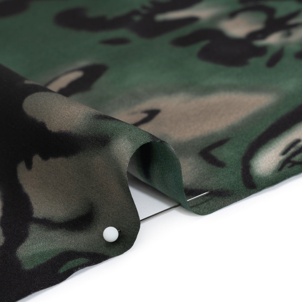 Silk Charmeuse Print - Forest Green, Beige and Black Painterly Florals - Deadstock - Detail Silk Charmeuse Print - Forest Green, Beige and Black Painterly Florals - Deadstock - Detail