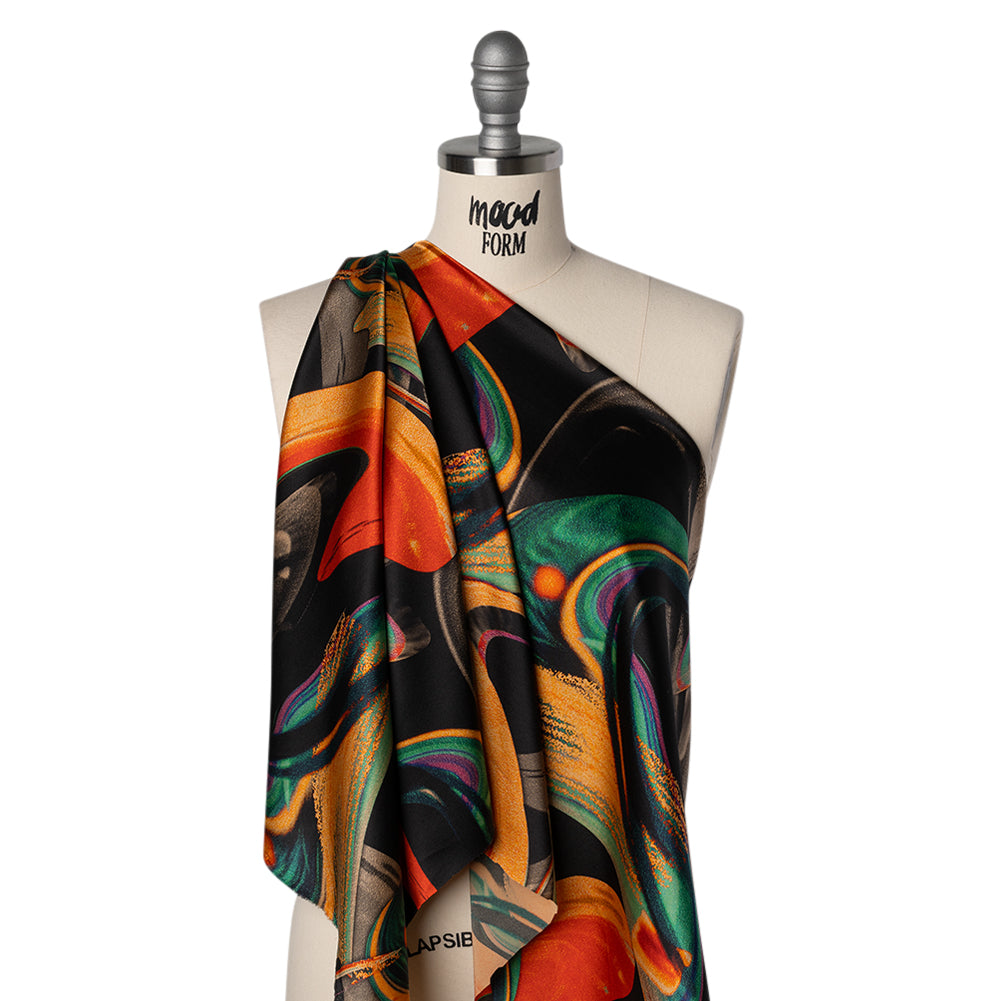 Stretch Silk Charmeuse Print - Black, Green and Orange Celestial Swooshes - Deadstock Stretch Silk Charmeuse Print - Black, Green and Orange Celestial Swooshes - Deadstock