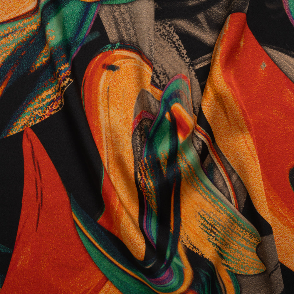 Stretch Silk Charmeuse Print - Black, Green and Orange Celestial Swooshes - Deadstock Stretch Silk Charmeuse Print - Black, Green and Orange Celestial Swooshes - Deadstock