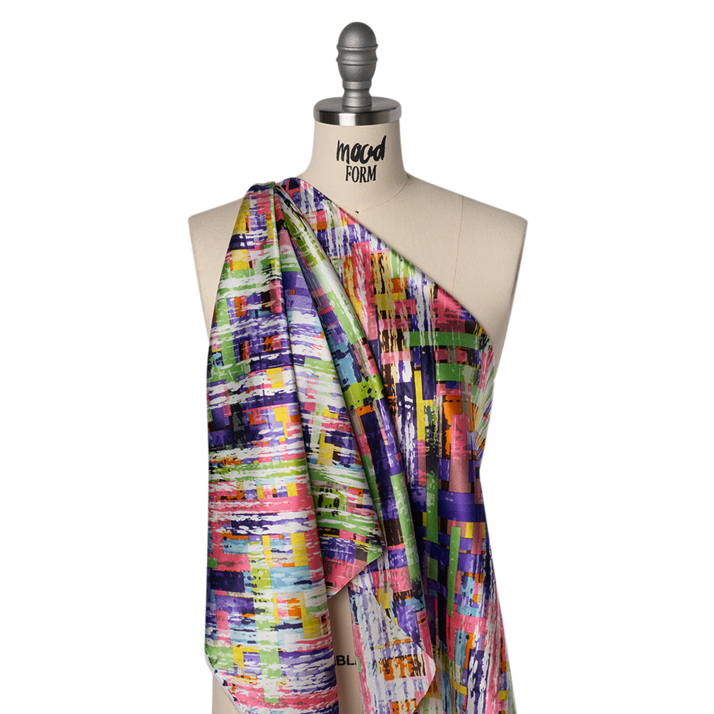 Stretch Silk Charmeuse Print - Pink, Purple and Green Blocks and Brush Strokes - Deadstock Stretch Silk Charmeuse Print - Pink, Purple and Green Blocks and Brush Strokes - Deadstock