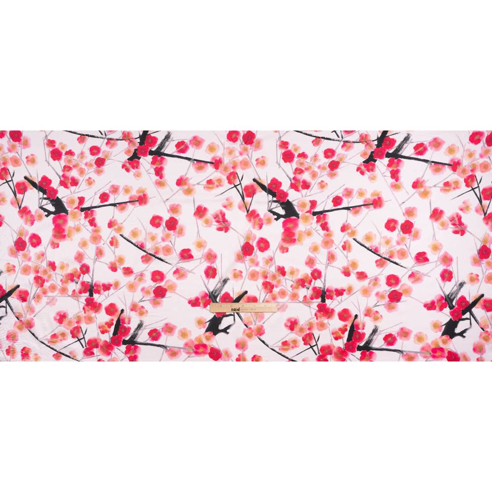 Stretch Silk Charmeuse Print - Pale Pink, Hot Magenta and Black Watercolor Cherry Blossoms - Deadstock - Full Stretch Silk Charmeuse Print - Pale Pink, Hot Magenta and Black Watercolor Cherry Blossoms - Deadstock - Full
