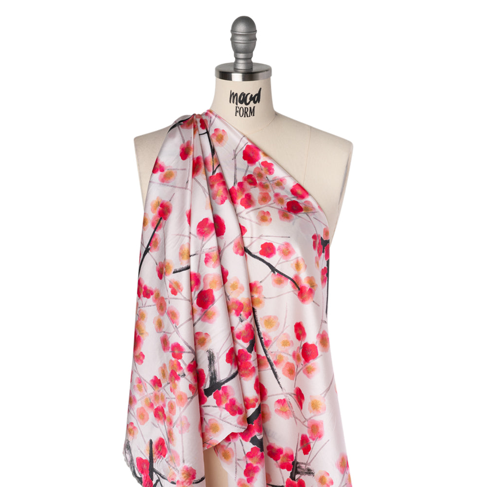 Stretch Silk Charmeuse Print - Pale Pink, Hot Magenta and Black Watercolor Cherry Blossoms - Deadstock - Drape Stretch Silk Charmeuse Print - Pale Pink, Hot Magenta and Black Watercolor Cherry Blossoms - Deadstock - Drape