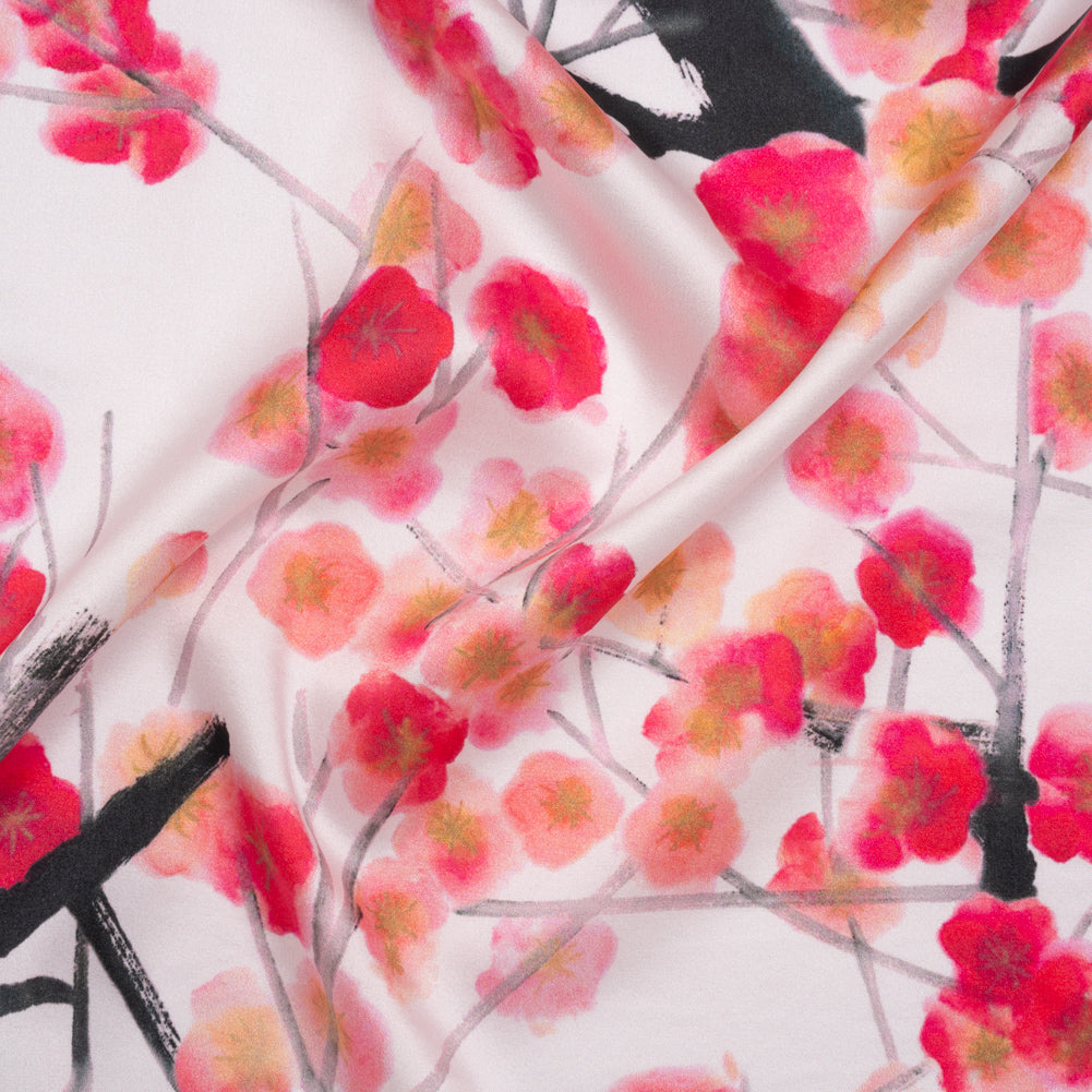 Stretch Silk Charmeuse Print - Pale Pink, Hot Magenta and Black Watercolor Cherry Blossoms - Deadstock Stretch Silk Charmeuse Print - Pale Pink, Hot Magenta and Black Watercolor Cherry Blossoms - Deadstock