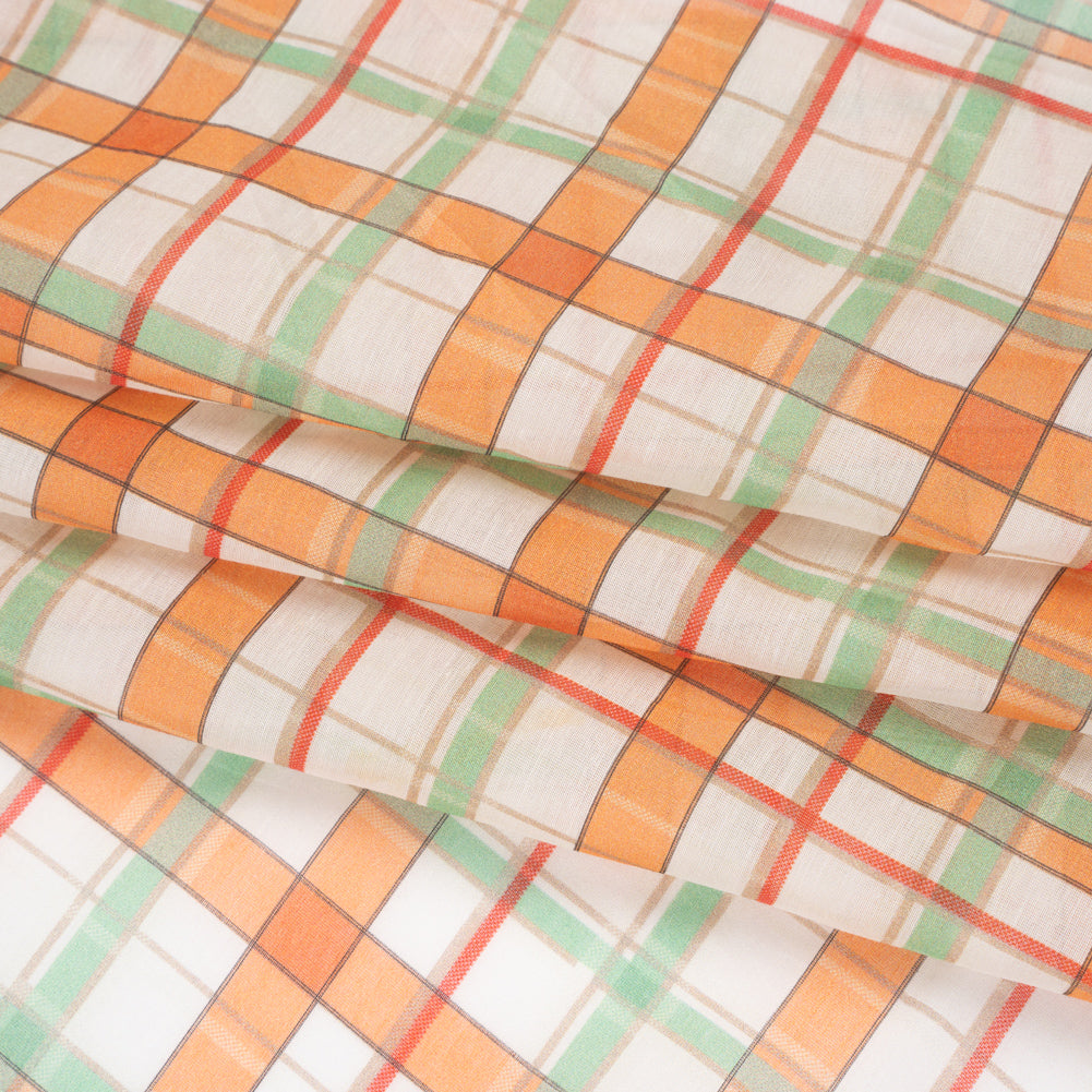 Silk and Cotton Voile - Orange, Spring Green and Cream Plaid - Deadstock - Folded Silk and Cotton Voile - Orange, Spring Green and Cream Plaid - Deadstock - Folded