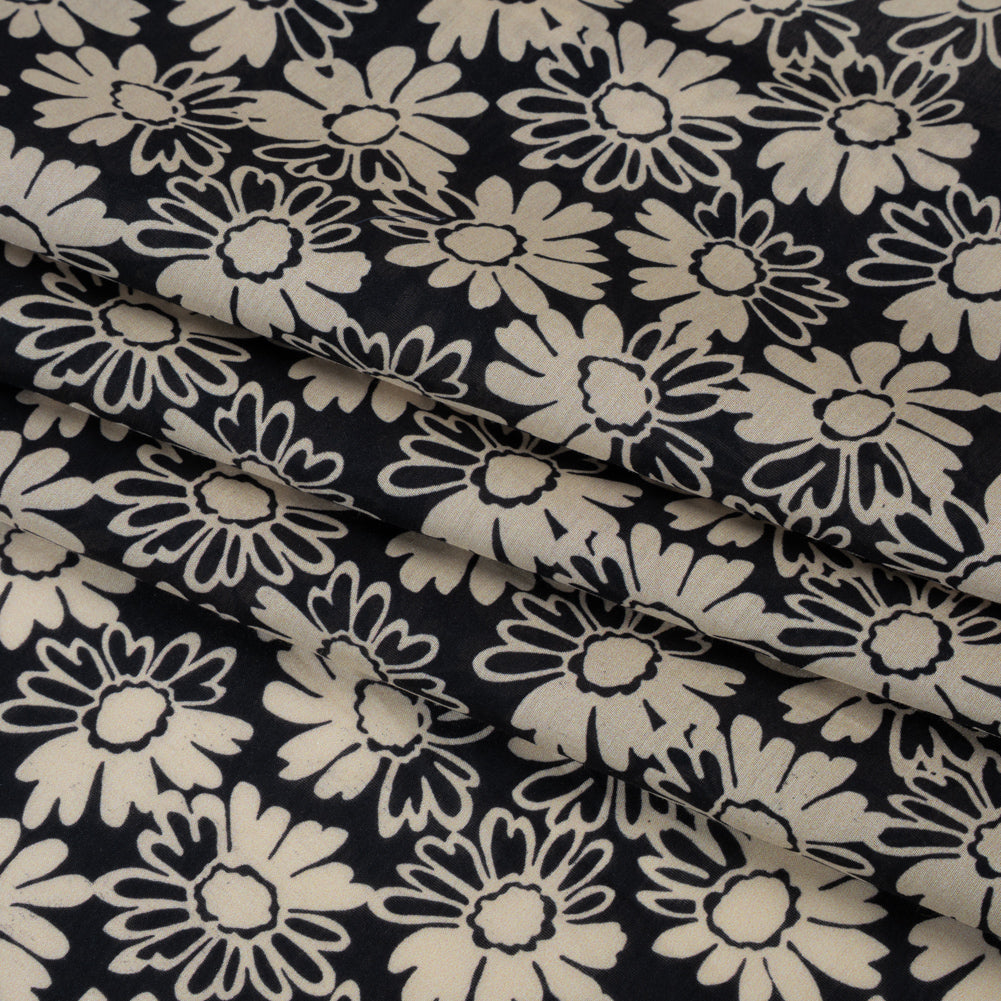 Silk and Cotton Voile Print - Cream and Black Floral - Deadstock Silk and Cotton Voile Print - Cream and Black Floral - Deadstock