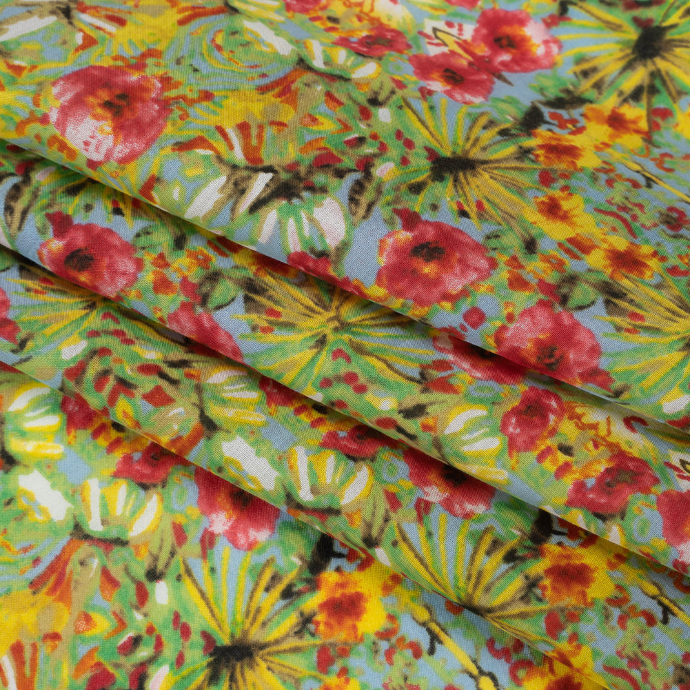 Silk and Cotton Voile Print - Bright Pink, Yellow and Light Blue Tropical Flower Medallions - Deadstock Silk and Cotton Voile Print - Bright Pink, Yellow and Light Blue Tropical Flower Medallions - Deadstock
